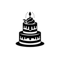 Minimalist twotiered birthday cake silhouette, lit candle, stylized buttercream frosting with leaf accent, on round base. vector