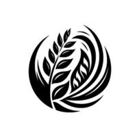 A Stylized Black and White Wheat or Plant Set Within a Circle Shape, Featuring Leaves and Blades with a Modern Abstract Feel. vector
