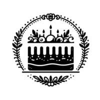 Decorative black and white birthday cake illustration enclosed in a dotted laurel wreath with floral and leaf elements. vector