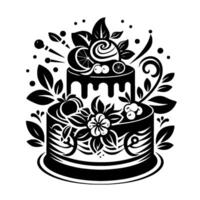 Exquisite Black and White Illustration of a TwoTiered Cake with Decorative Foliage, Citrus, Berries, and Swirls. vector