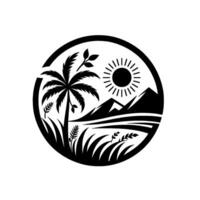 Monochrome round featuring a tropical landscape with a palm tree, mountain, sun, and grass. vector
