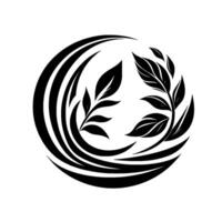 A symmetrical black and white botanical emblem, a circular arrangement of stylized leaves and arched lines, evoking elegance. vector