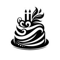Elegant black and white illustration of a layered birthday cake with two lit candles and stylized leaves and swirls on a circular base. vector