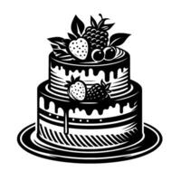 TwoTiered Black White Cake Illustration Adorned with Berries and Leaves, Drizzled with Icing, on a Circular Plate. vector