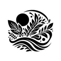 Black and white botanical illustration within a circular frame, depicting leaves, water, and a dark sun. vector