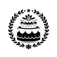 Elegant TwoTiered Cake Within a Laurel Wreath A Classic Black and White Illustration. vector