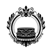 Elegant black and white design A twotiered cake encircled by a decorative, ornate wreath with stylized floral and leaf elements and dot border. vector