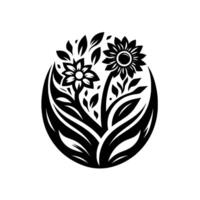 Elegant, minimalist black and white floral illustration of two stylized sunflowers enclosed within a circular, leafy frame on a white background. vector