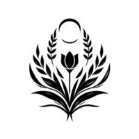 Black and white minimalist floral emblem featuring a stylized tulip, wheat stalks, and crescent moon over leafy base on white background. vector