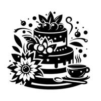 Detailed monochrome illustration featuring a twotiered cake with cherries, a flower, a teacup and saucer, and a spoon, all adorned with decorative elements. vector