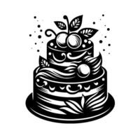 Elegant TwoTiered Black and White Cake Illustration with Cherries, Leaves, and Swirls, on a Simple White Background. vector