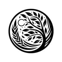 Stylized Black and White Tree of Life Silhouette Within a Circular Frame, Symbolizing Growth, Nature, and Balance. vector