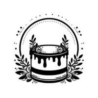 Elegant black and white illustration of a layered cake adorned with floral accents, within a dotted circular frame. vector