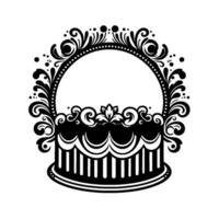 Intricate, symmetrical black and white decorative frame with ornate floral scrollwork, resembling a basket or cake stand, isolated on a white background. vector