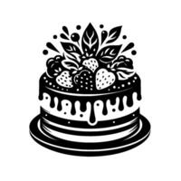 Monochrome Layered Cake with Strawberry and Foliage Topping and Drizzled Chocolate Glaze on a Round Plate. vector