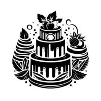 Elegant, tiered cake illustration with stylized fruit toppings and decorative elements in a black and white design. vector