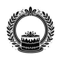 Elegant Black and White Circular Cake with Laurel Wreath Frame, Decorative Flourishes and Detailed Design. vector