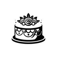 Elegant Black and White Cake Illustration with Floral Topping and Scalloped Edges on a Simple Cake Stand. vector