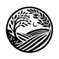 Black and white circular depicting a rural scene with a tree, crescent moon, rolling hills, and fields. vector