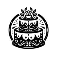 Elegant TwoTier Cake with Rose and Ornate Details in Black and White, encircled on a simple backdrop. vector