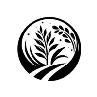 Abstract black and white emblem featuring stylized plants, a path, and specks, encased within a circular border, representing growth. vector