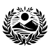 Monochromatic Emblem Mountains, Sun, Laurel Wreath, Landscape, and Minimalist Design. vector