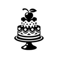 Monochromatic illustration of a twotiered cake on a pedestal, adorned with a cherry topping and decorative elements, on a white background. vector