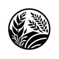 Black and White Depicting Wheat and Barley Ears Over Rolling Fields Enclosed in a Circle. vector