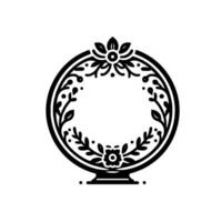 Elegant Black and White Floral Round Frame, Decorative Wreath with Leaves, Petals, and Dots on a White Backdrop. vector