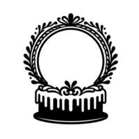 Black and White CakeShaped Decorative Frame with Floral Crown, Blank Center, and Dripping Icing. vector