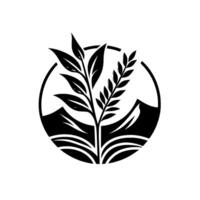Monochromatic emblem of two crops thriving against a mountain backdrop, contained within a circular frame. vector