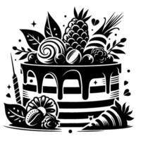 A black and white illustration of a fruittopped cake with a pineapple and a swirl candy and a cake slice. vector