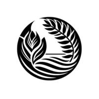 Circular Black White with Leaf Motifs A stylized emblem with overlapping fern and feather arrangements, and water, depicting harmony. vector
