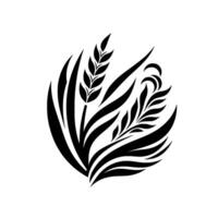 Black and white stylized illustration of wheat and leaves arranged in an oval composition, isolated on white background. vector