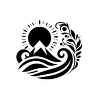 Serene black and white stylized illustration depicts a mountain range, sun, waves, and floral elements, creating a harmonious natural scene. vector