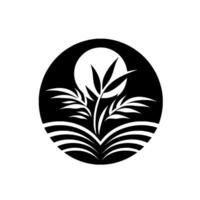 Minimalist black and white design, showcasing a central plant within a circle, stylized with sun, curved lines, and negative space. vector