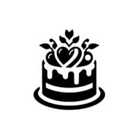 Black and white minimalist of a round, twolayer cake decorated with a heart and cherries, sitting on a plate. vector