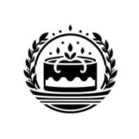 Minimalist Black and White Cake Emblem, Circular Composition, Decorated with Foliage, Perfect for Bakery Branding. vector