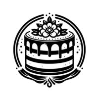 of a layered cake with flower decoration, dripping icing, framed within an ornate circular border. Black and white. vector