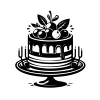 Elegant Monochrome Cake Illustration Chocolateglazed twotier cake with cherry topping, served on a tiered platter, flanked by candle holders. vector