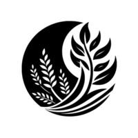 Abstract monochrome botanical featuring symmetrical plant illustration within a circle, leaves and wheatlike elements. vector