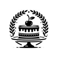 Elegant black and white illustration cake topped with cherry, laurel wreath, pedestal, and decorative elements, on white background. vector