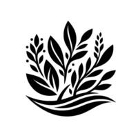 Abstract Black White Floral Design A stylized composition of diverse leaves, berries, and stems, presented as a unified emblem on a white background. vector