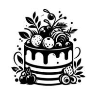 Elegant Black and White Illustration of a Decorated Layer Cake with Cherries and Berries, Isolated on White. vector