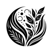 Elegant Black and White Floral in a Circle, Featuring Leaves, Abstract Lines, and Decorative Elements on a Clean White Background. vector