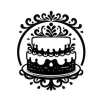 Elegant, black and white, twotiered birthday cake in a circular ornate frame, adorned with floral and scrollwork details, perfect for celebrations. vector