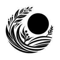 Black and white illustration of a stylized landscape with a central circle, foliage, wheat and berry elements, forming a circular composition. vector