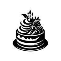 Elegant Black and White Illustration of a Birthday Cake with Berries and Lit Candles on a Plate. vector