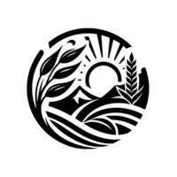 art Circular agricultural featuring stylized wheat, leaves, sunrise over rolling fields and mountains, in monochromatic black and white. vector