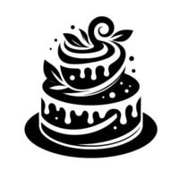 Elegant black and white illustration of a twotiered cake with dripped frosting, leaves, and swirl design, on a plate. vector